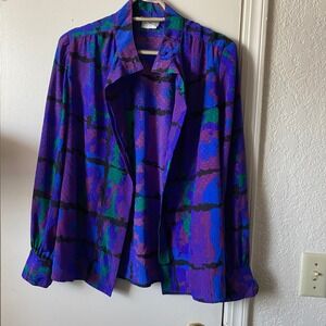 Vintage King James Abstract Watercolor Blouse Purple Blue Green K9937 Womens 10